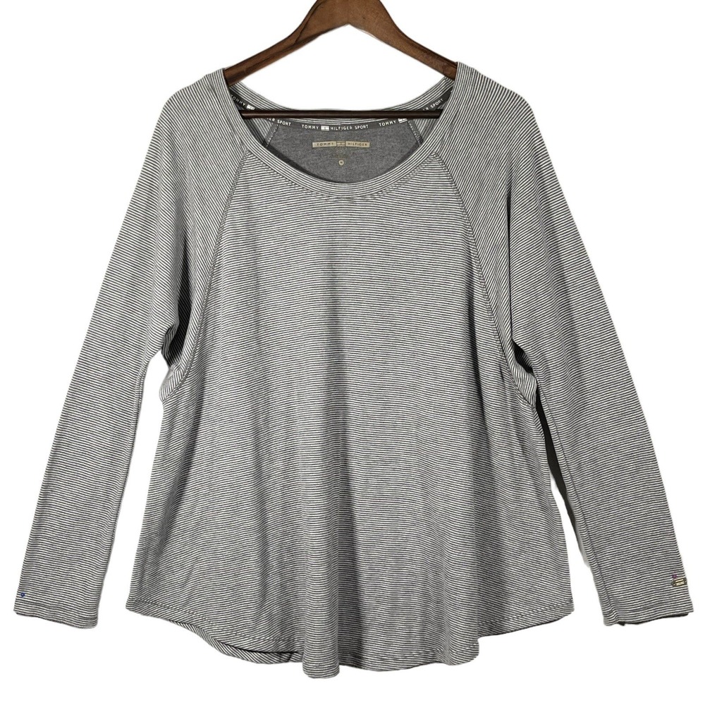 Tommy Hilfiger Sport Womens Grey White Striped Raglan Long Sleeve Top Size M